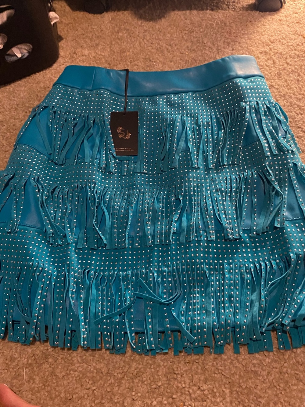 Sincerely Jules Teal Fringe Studded Mini Skirt